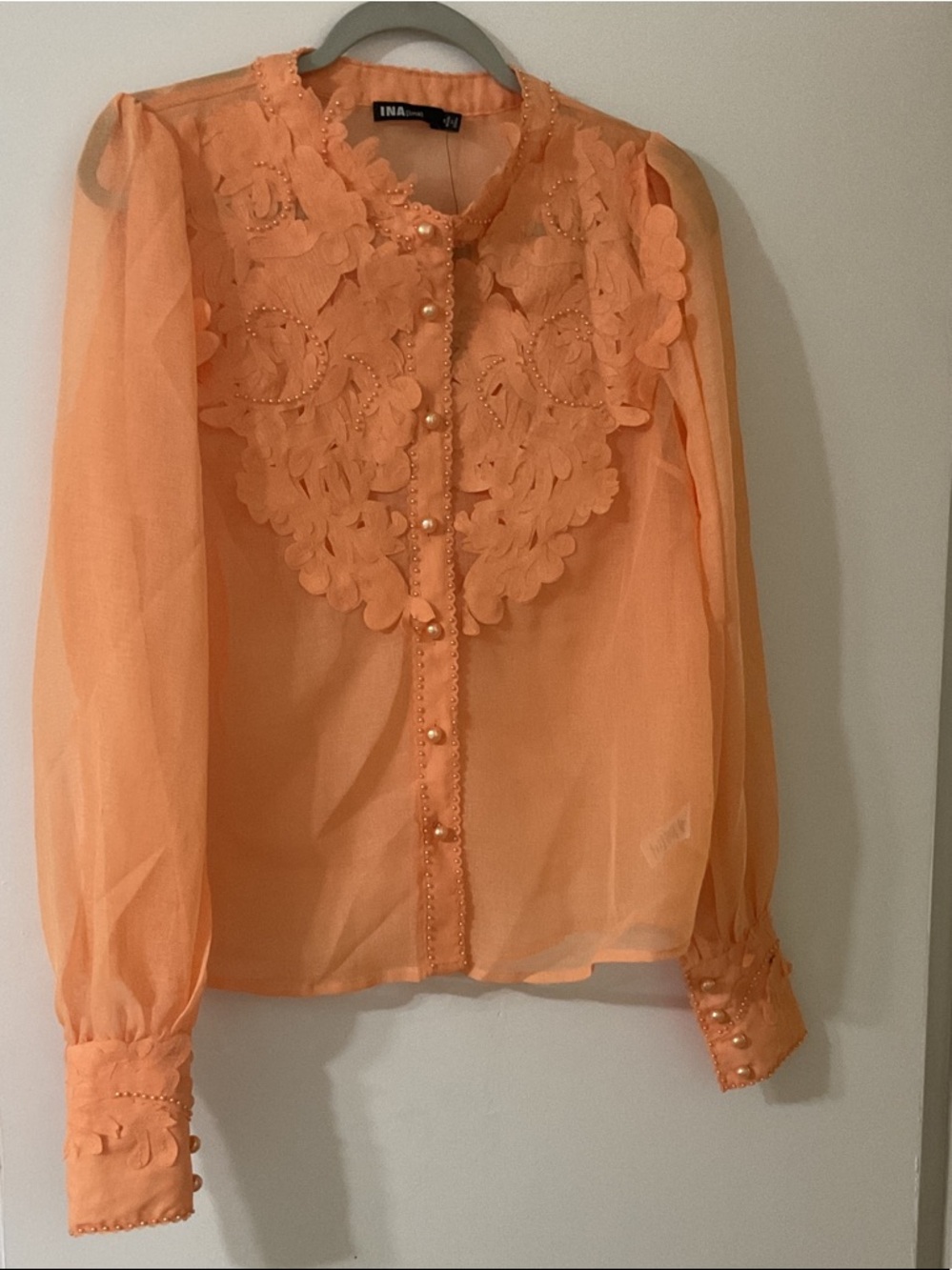 Ina Peach Orange Sheer Appliqué Pearl-Button Blouse